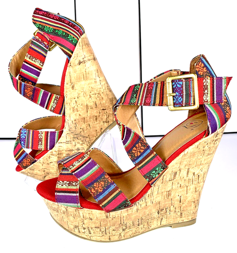 Delicious Women Hall Red Multi Guatemalan Platform Wedge Boho Strappy Sandal, 9 - Picture 15 of 22