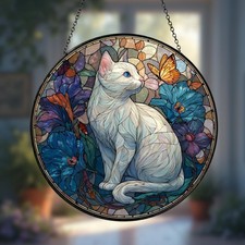 White Cat Stained Glass Suncatcher, Floral Butterfly Window Hanging, Nature Art