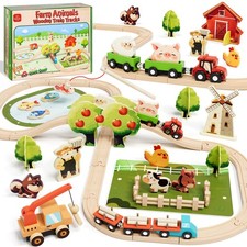Wooden Train Set for Toddlers 2-4, Wooden Train Track, Farm Animals Toys for ...