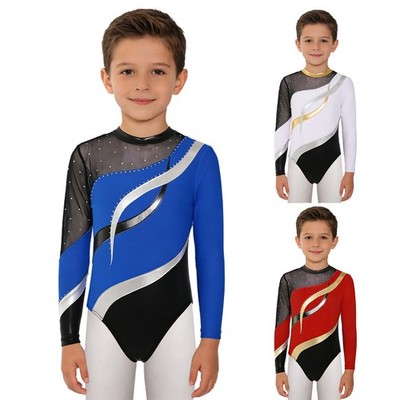 US Kids Boys Long Sleeve Leotard Ballet Dance Unitard Jumpsuit Tumbling Bodysuit