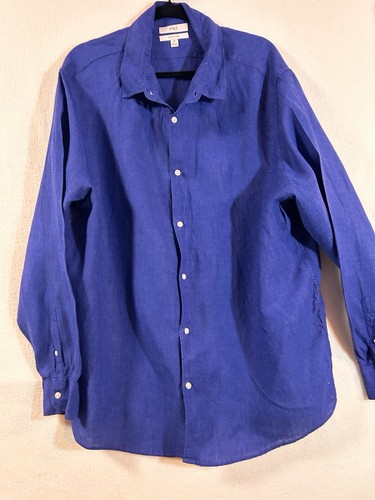 M&S 100% Pure Linen Button Up Shirt Royal Blue Sz 3XL Long Sleeve Relaxed Fit