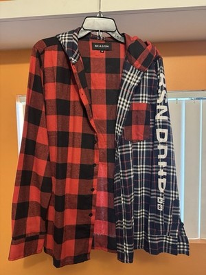Reason Plaid Flannel Hooded Button-Up Hoodie Graphic Print Pockets Men's M