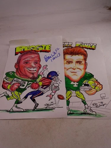 Vintage 1990s Reggie White Brett Favre Autographed Caricature Green Bay Football