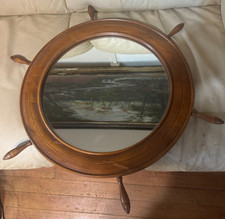 Vintage Circular Wood Ship Wheel Style Wall Mirror - 26.5" Diameter x 1.25" Deep