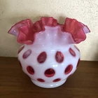 Fenton Pink & White Polkadot Coin Dot Cranberry Vase 5” Tall Mint Cond