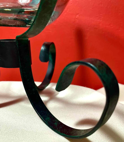 Glass Bowl Centerpiece Hand Blown 12 in.  Decorative Green Black Metal Stand - Picture 10 of 10