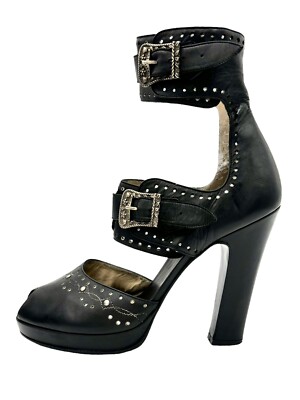 Peter Fox Platform Gladiator Sandals Heels Studs Straps Buckles Black Leather 10