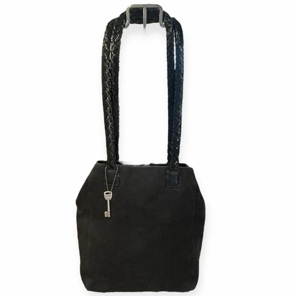 Bolso de Hombro de Lona Fossil 75082 Trenzado Doble Correas Tela Cuero Negro Llave Foto 2 de 4