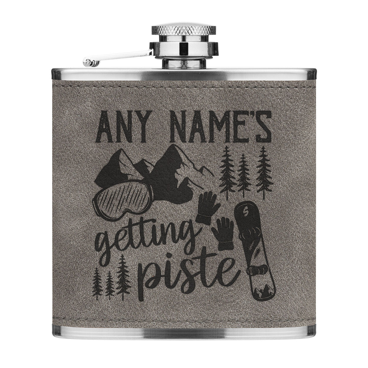 Personalised Getting Piste Snowboarding 6oz PU Leather Hip Flask Grey Stag Do