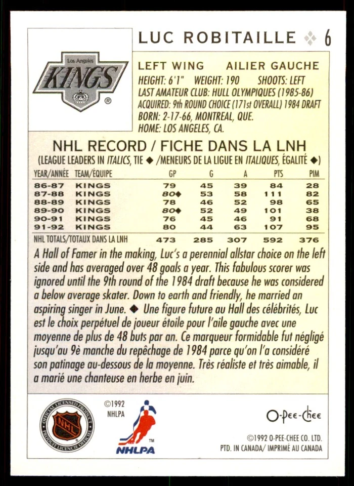 1992-93 O-Pee-Chee Luc Robitaille . Los Angeles Kings #6 - Image 2 of 2