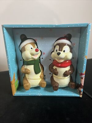 DISNEY CHIP & DALE CHIPMUNKS SALT & PEPPER SHAKERS CERAMIC CHRISTMAS WINTER 2022