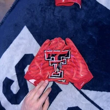 Rare Game Worn “Red” Texas Tech Red Raiders Under Armour Football Gloves Sz. L