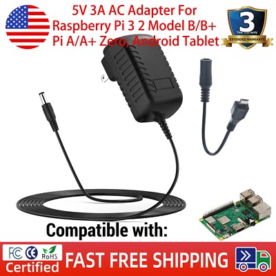 5V 3A AC Adapter For Raspberry Pi 3 2 Model B/B+ Pi A/A+ Zero, Android Tablet
