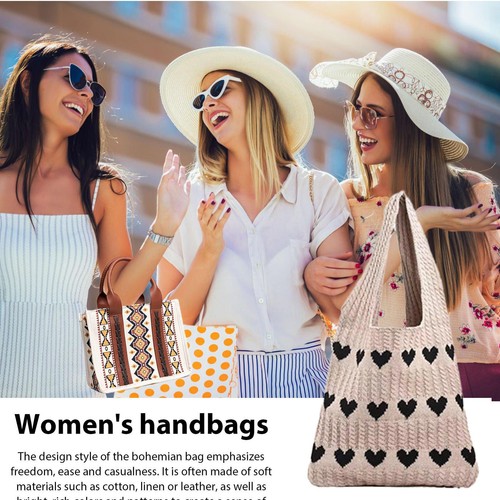 Crochet Boho Tote Bag Aesthetic knitting Heart-Shaped Shoulder Totebag handbag - Picture 8 of 14
