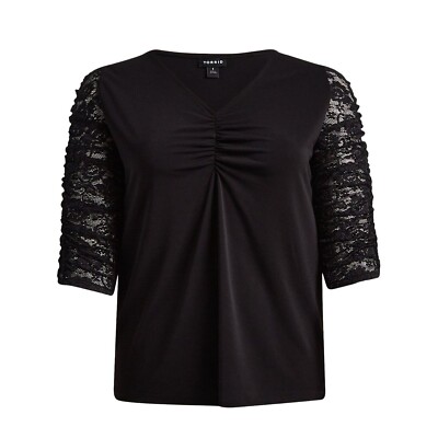 Torrid Top Women 3X Black V Neck Pullover Crepe Ruched Lace Sleeve Neutral Plus