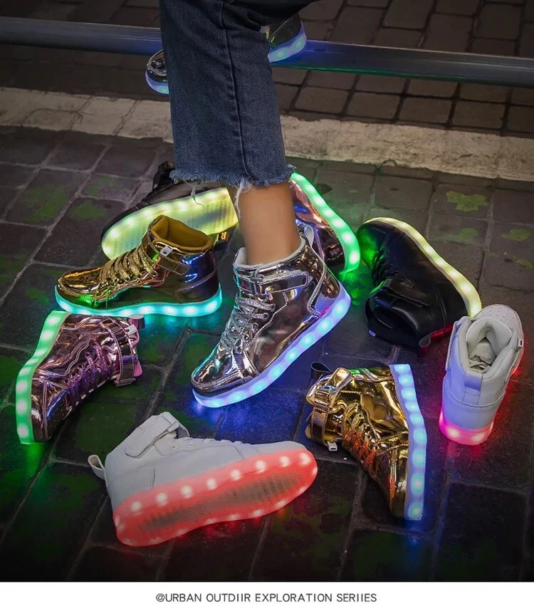 Brillantes LED Niños Tenis Parte Superior Alta Niño Niña Zapatos Informales Transpirables Primavera Baile Foto 4 de 4