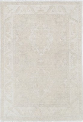 3.2x4.6 ft Hand Knotted Beige Oushak Rug with All-Over Floral Design. 100% Wool