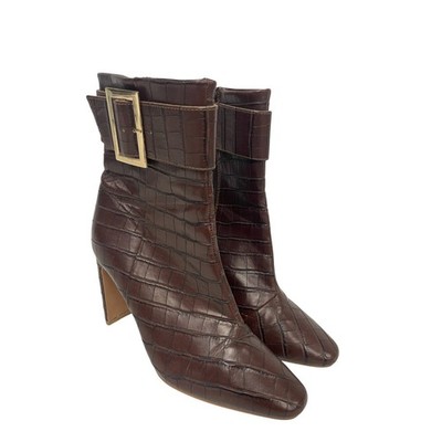 Journee Elanie Croc Leather Block Heel Zip Up Ankle Boot Womens Size UK 4 Brown