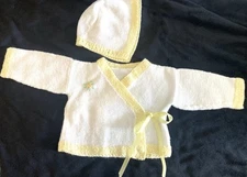 Vintage Unisex Infant Knit Hat and Sweater-White with Yellow Trim