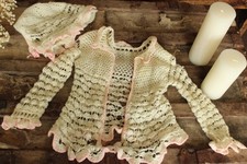 Vintage 1950s Baby Sweater and Bonnet, Ivory and Pink Knit Or Crochet Cardigan
