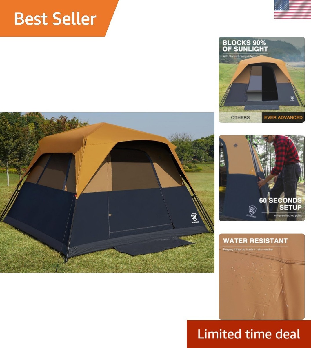 6 Person Camping Tent, Blackout Design Tent for Camping Instant Cabin Tents  f...