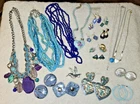 Mixed Lot Of 21 Blue Tones Jewelry Necklaces Earrings Brooch Vintage