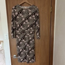 Tory Burch Floral Print Long Sleeve Round Neck Knee Dress Black/Pink/Gray Sz S