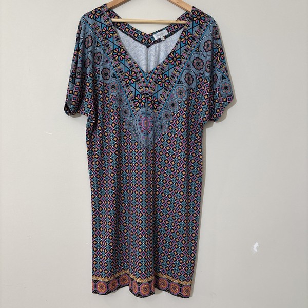Grace Hill Retro Kaftan Dress Womens Sz 16 Boho Coastal Hippie Aztec Cover Up