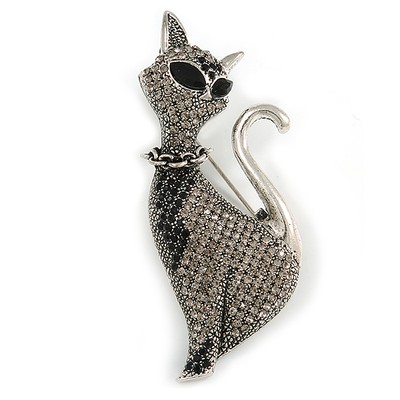 Schwarz/graue Kristall Kätzchen/Katze Brosche in silberfarbenem Metall - 70 mm hoch