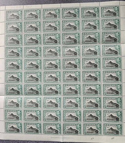 Ceylon 1938-49 KGVI 3c Adam's Peak - Wmk. Missing A in Complete Sheet of 60 MNH