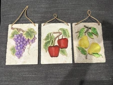 Set of 3 Vintage-Style Fruit Wall Plaques Grapes Apples Pears Raised Relief