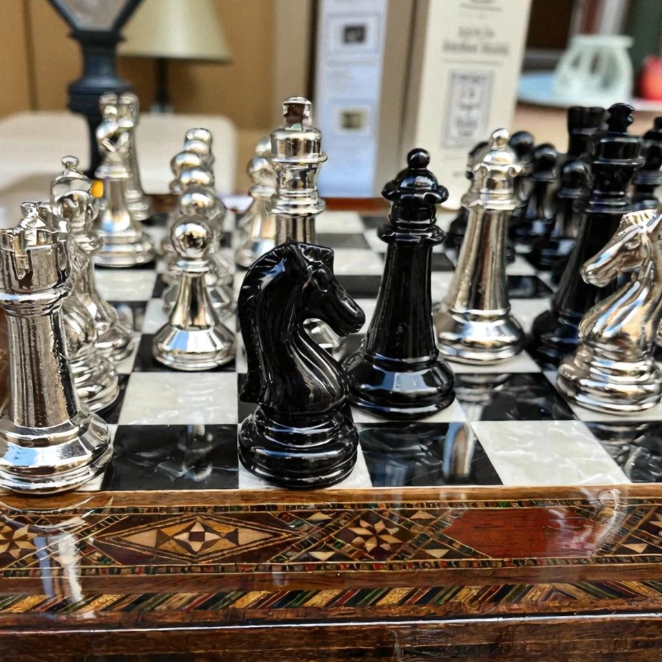 Luxury Chess Set Mosaic Inlay Board & Metal Pieces Handmade | Christmas Gift 🎁 - Image 2 of 4