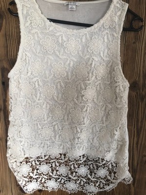 Damen Spitzen Top Weiß Gr. M Ärmellos Blumen Spitze Floral Lace Tank Top Boho