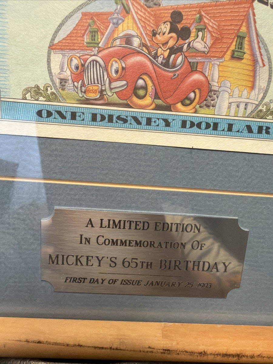 Disney Dollars, Mickeys 65th Birthday 1993, First Day Issue Framed