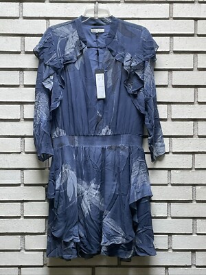 halston heritage silk dress Halston Heritage Silk Dress Blue Embroidery Ruffles Smoked Elastic Waist 10  NWT
