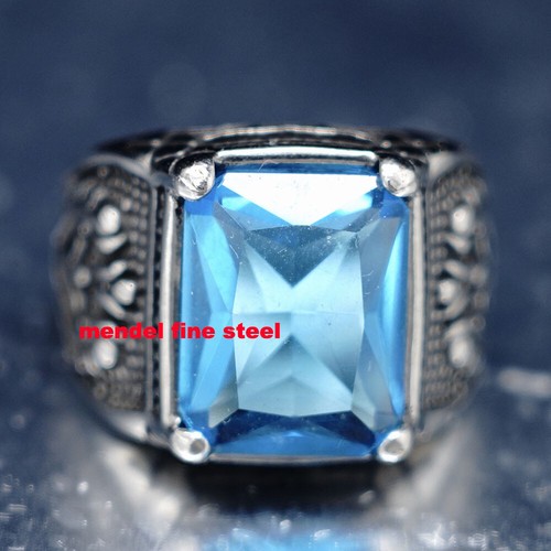 Men's Stainless Steel Ring With Blue CZ Aquamarine Square Stone - Size 7-15, Biker Style Claw Setting