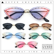 Womens Bling Rhinestone Rimless Cat Eye Metal Rim Luxury Sunglasses