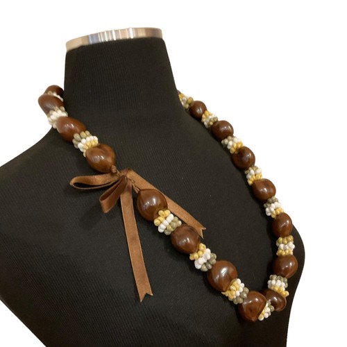 Vtg Kukui Tree Nuts Lei Necklace 28” Hawaiian Mongo Shell Koa Seed Rings Ribbon - Picture 6 of 11