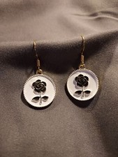 Rose dangle earrings, enamel, gold plated, handcrafted new