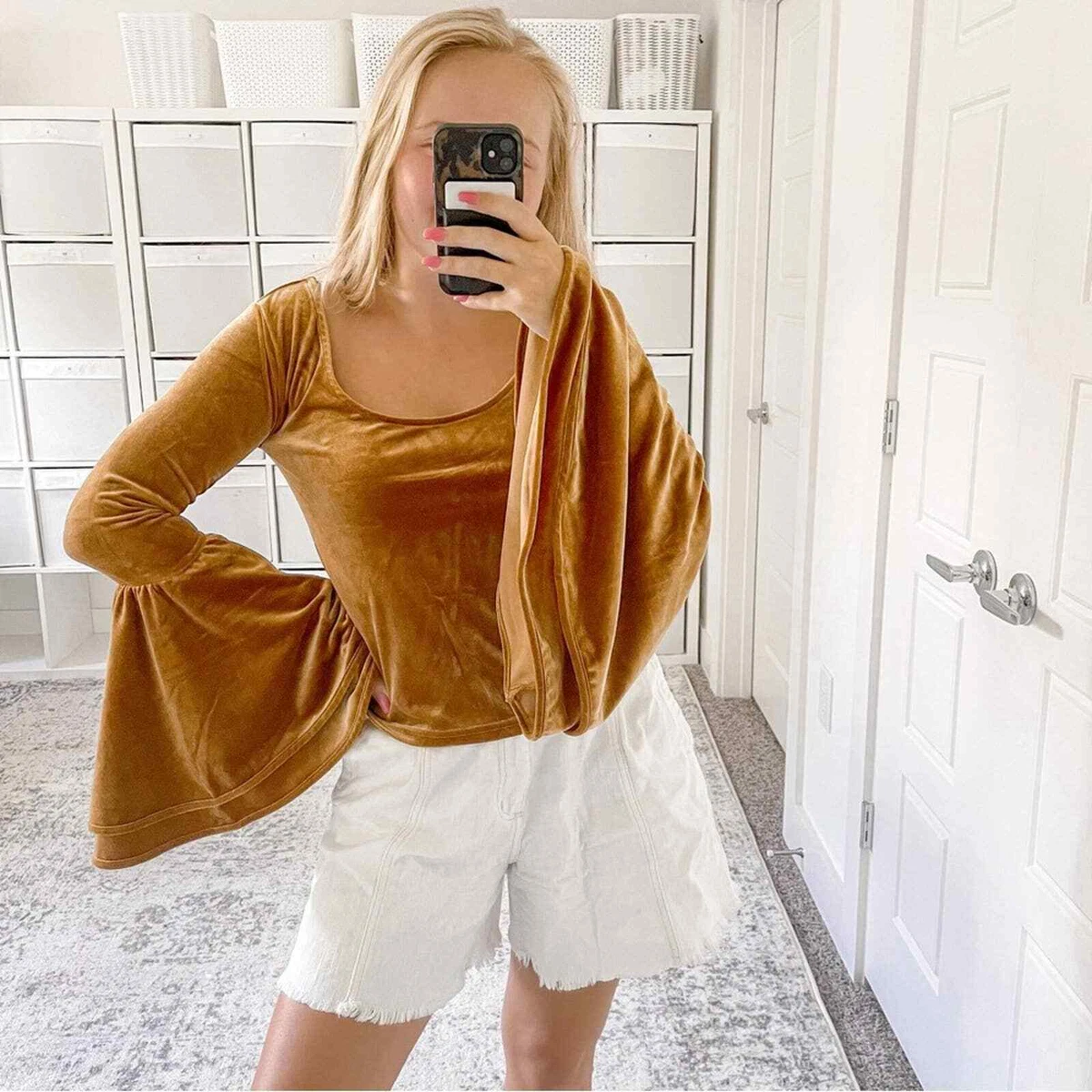 Velvet bell sleeve clearance top