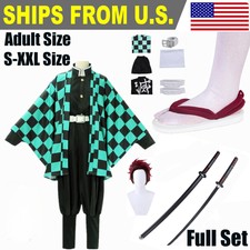 Full Set Demon Slayer Kamado Tanjiro Cosplay Costume W/ Sword Wig Slippers