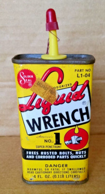 LIQUID WRENCH CAN EMPTY VINTAGE L1-04 4 OZ RADIATOR SPECIALTY SCREW CAP SPOUT.