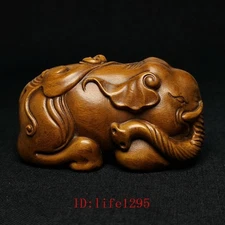 2.7 Inch Japanese boxwood hand carved Elephant Figure statue Netsuke Decoration