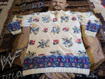 Vintage Chunky Sweater Large Cottagecore Floral Indie Tunic 90s Boho Warm Cozy
