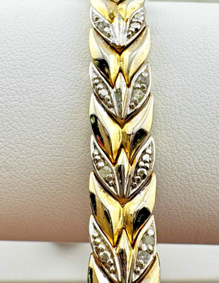 24kt Over Sterling Silver Two Tone Diamond 7'' Tennis Bracelet Signed FAS