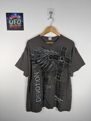 Vintage Affliction Style Gothic Y2K Devotion Graphic Tee T-Shirt Herren XL Grau