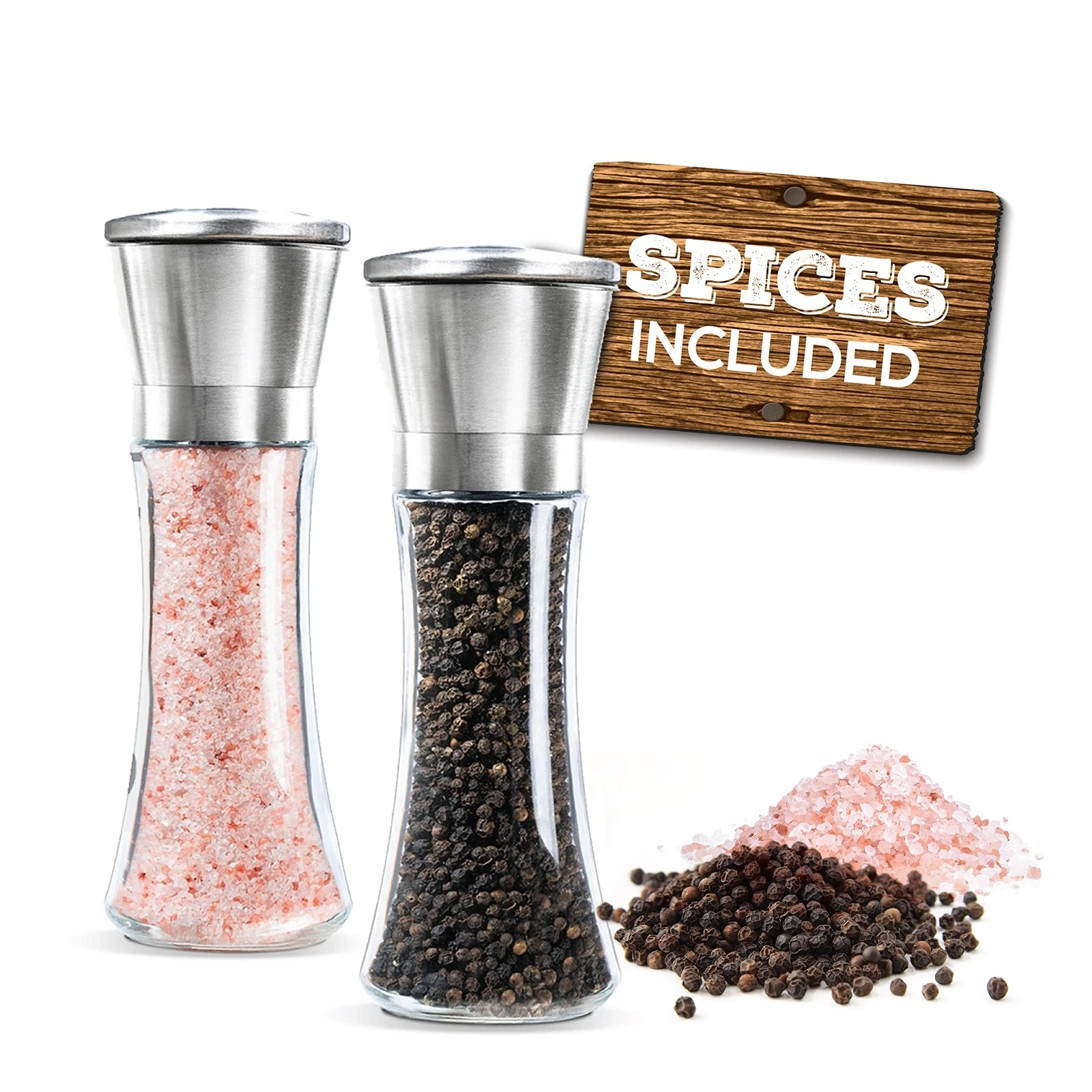 Prefilled Stainless Steel Salt and Pepper Grinder Two Piece Set - Includes Hi...