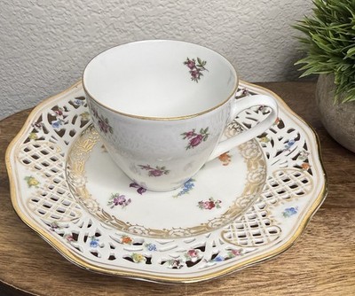 Vintage Carlsbad Bohemia Amoretta Tea Cup & Reticulated Plate Roses Gold