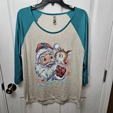 WOMENS PLATINUM DELTA APPAREL GREEN & GRAY RAGLAN CHRISTMAS 3/4 SLEEVE SHIRT XL