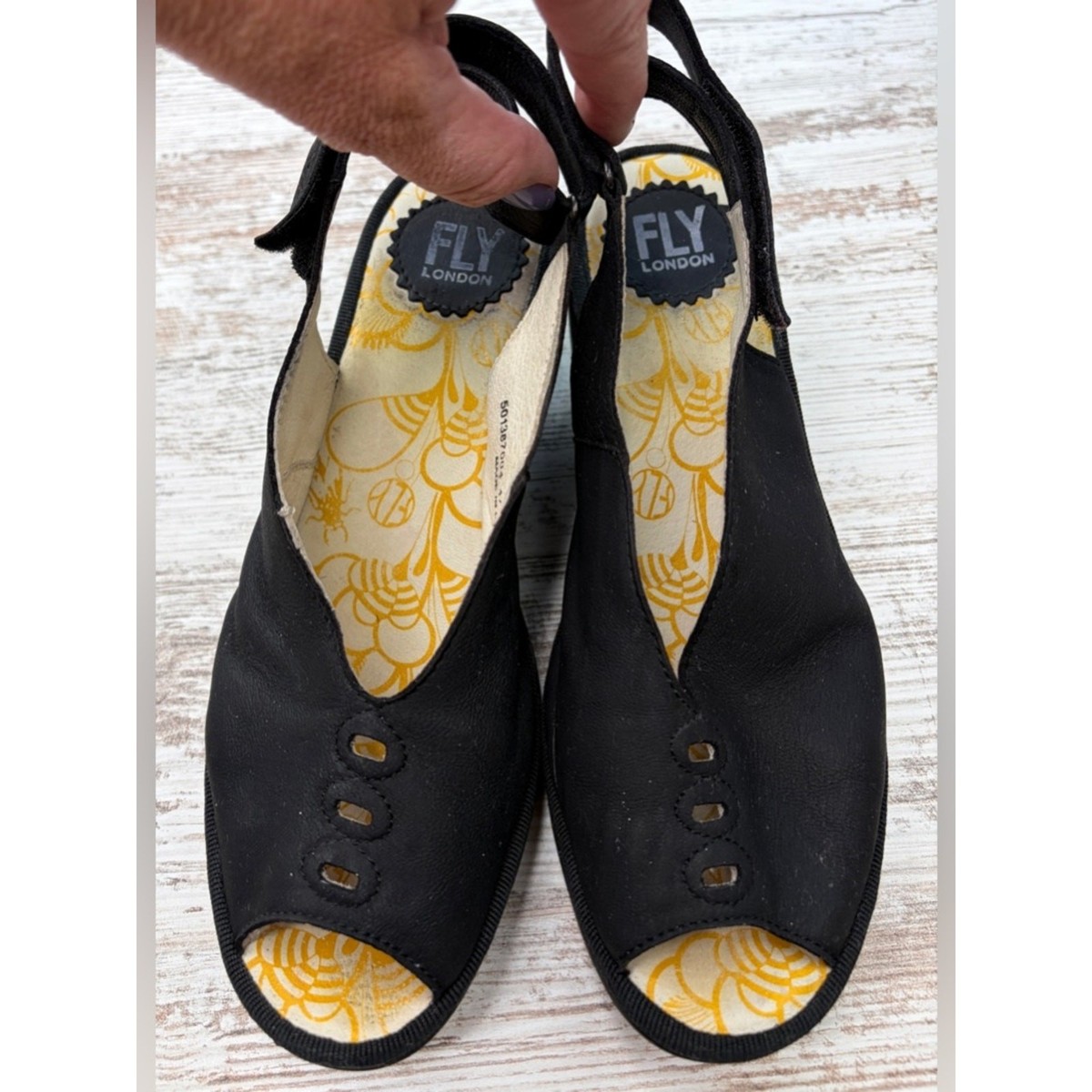 FLY LONDON YEAY PEEP TOE SANDALS IN BLACK CUPIDO Wedge sz 38  display picture 1